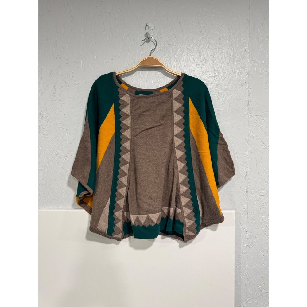 New Directions Weekend Cotton Poncho Sweater Brown Teal Yellow Geometric Med